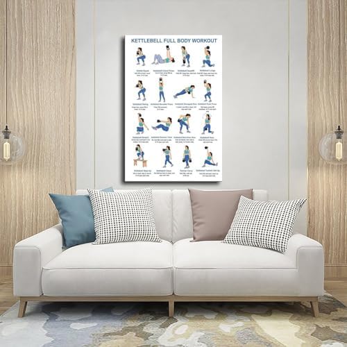 Kettlebell Full Body Workout for Beginners Exercise Chart Home Gym Easy Strength Training Routine Canvas Poster Bedroom Decor Room Decor Frame 12x18inch