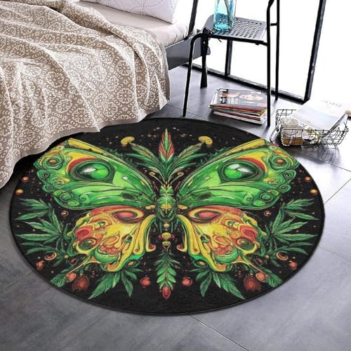 Machine Washable Modern Round Area Rug, Room Sofa Yoga Soft Round Carpet, Home Decor Non Slip Kitchen Office Circle Rug Butterfly Weed Leaf Art, 36inch