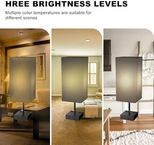 YIDPU Table Lamp for Bedroom with USB,Bedside Lamp with USB C+A Charging Ports,Adjustable 3color LED Light for Home Decor/Nightstand/Office,Included Bulb and Fabric Lamp Shade (Linen Black, 1PCS)