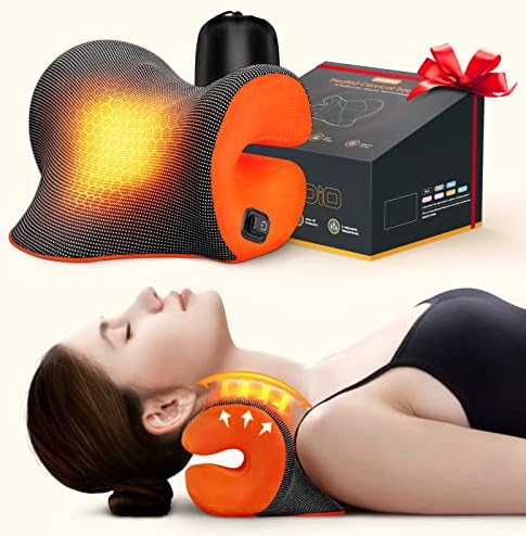Deep Heated Neck Stretcher with Graphene Heating Pad, Odorless Neck Cloud Cervical Traction Device for Pain Relief, Chiropractic Pillow for Neck & Shoulder Comfort, Gift for Women, Men (Orange)