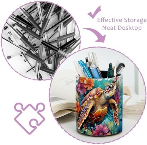 Desk Organizer Pen Holder for Desk, Sea Turtle Flower Pencil Holder, Large Capacity Pen Cup Makeup Brush Holders Desktop Office Supplies Storage Organizer