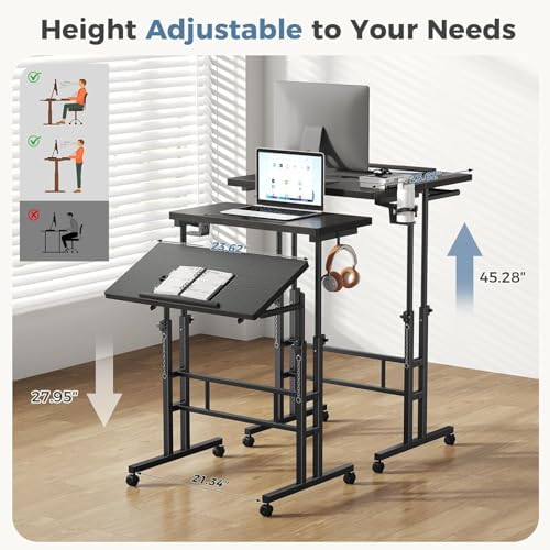 Simple Deluxe Split Top Rotating Standing Desk on Wheels – 23.6" Manual Adjustable Height Mobile Laptop Computer Table – Sit Stand Rolling Workstation with Tilt Function– Black