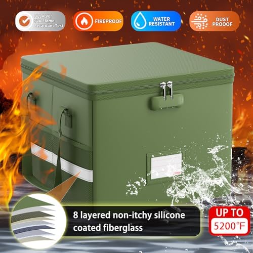 ENGPOW 5200°F File Box Fireproof Document Box with Lock,Heat Insulated Collapsible File Storage Organizer Box with Handle,Portable Home Office File Cabinet for Hanging Letter/Legal Size Folder, Green