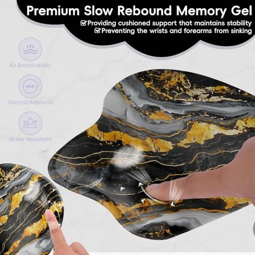Wrist Support Mouse Pad Anti Slip Rubber Wrist Rest Mousepad 9in X 8in Small Desktop Notebook Mouse Mat for Working and Gaming (M-Black Golden Marble)