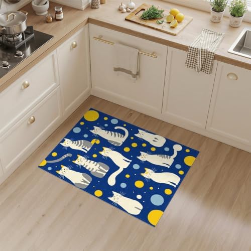 3'x5' Blue Yellow Cat Symphony with Golden Washable Throw Rug