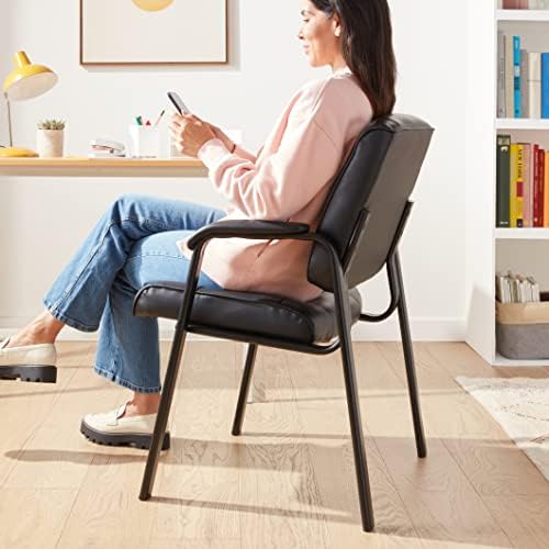 Amazon Basics Classic Faux Leather Office Desk Chair with Armrests, Metal Frame, Black, 27.4D x 23.6W x 35.8H in