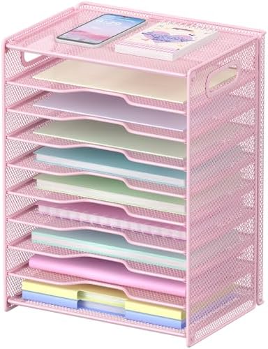 OUTWOLF 10 Tier Paper Organizer - Letter Tray Mesh Desk File Organizer with Handles for Office School Desktop, Pink