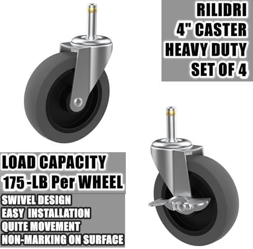 RILIDRI 4-Inch Swivel Stem Caster for Rubbermaid Mop Bucket Utility Cart, 7/16-Inch Stem Diameter Rubber Wheel Set of 4, Heavy Duty TPR Weber Grills Shop Vac Replacement Wheels