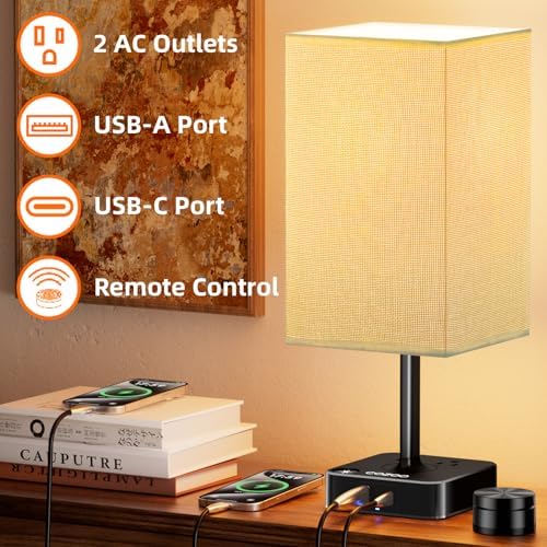 Bedroom Nightstand Lamp with Charger, Touch Table Lamps with Remote Control