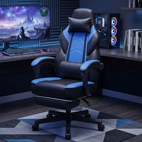 Gaming Chair for Adults, Video Game Chair with Footrest, Big and Tall Gaming Chair Heavy Duty Computer Chair with Massage Lumbar, Ergonomic Adjustable Height and 360° Swivel Seat, PU Leather, Blue