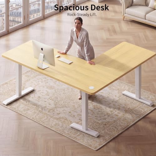 WALKINGDESK 75x61 Inches Reversible L Shaped Standing Desk Height Adjustable with Cup Holder, Electric Corner Computer Workstation for Home Office, Ergonomic Sit Stand up Gaming Desk, Oak