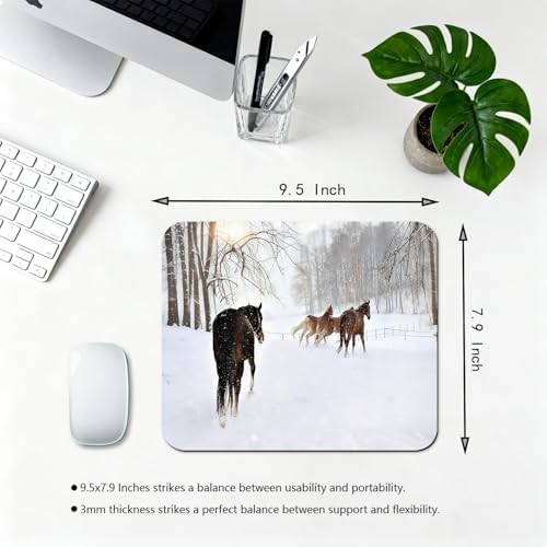 9.5x7.9 Inch Office/Gaming Mouse Pad, Horses Roaming in a Snowy Forest Cute Anti-Slip Mat for Desk