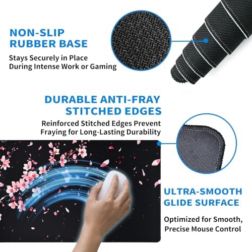 Extended Cherry Blossom Desk Mat, XL Large Gaming Mouse Pad, Japanese Sakura Moon Stitched Edges Waterproof with Non-Slip Rubber Base for Computer Keyboard Laptop Work Home Office 31.5"x11.8"