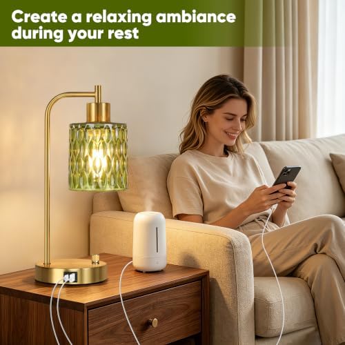 Table Lamps Set of 2, Green Glass Dimmable Bedside Lamps for Living Room