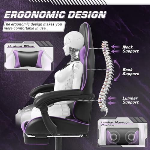 Shahoo Gaming Chair with Footrest and Massage Lumbar Support, Computer Chairs, Video Racing Seat Height Adjustable with 360°Swivel and Headrest for Office or Bedroom, Purple