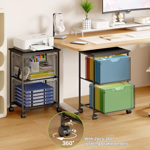 Sbanmao Letter/Legal Rolling File Cart with 2 Storage Drawers, Under Desk Storage, Vertical Filing Cabinet for Home Office, Hanging File Folders Organizer, Mobile Utility Cart Printer Stand, Black