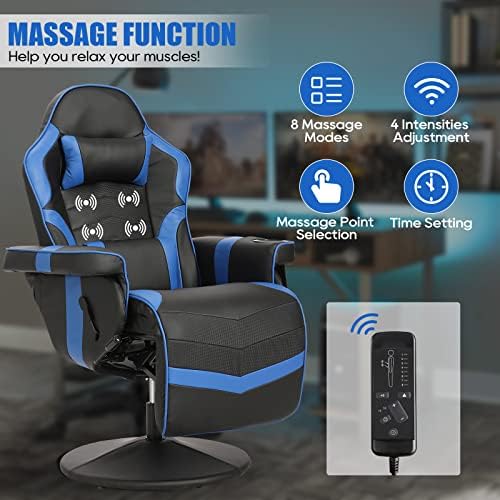 Gaming Chair, Reclining Gaming Chair with Footrest, PU Leather Game Chair Recliner with Massage, Swivel Recliner Gaming Chairs for Adults with Cup Holder, Lumbar Support, Side Pouch (Blue)