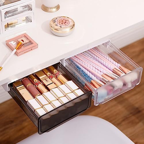 Davidsons Collection Self-adhesive Under Desk Drawer, 2 Packs Table Hidden Organizer Slide Out Large Storage Desktop Pencil Tray for Office Home School Kitchen , Matte Black