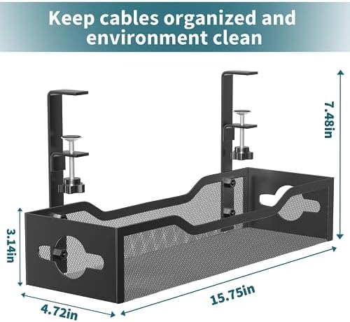 Under Desk Cable Management Tray Black, Litwaro Cable Management Under Desk No Drill, Cable Organizer with Clamp for Wire Management, Cord Organizer No Damage to Desk for Office, Home