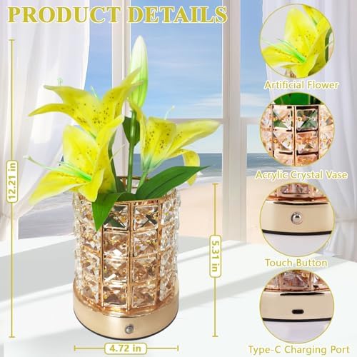 Lily Flower Lamps, Rechargeable Cordless Small Desk Lamp, 3 Colors Dimmable Artificial Flowers Night Light, Fake Bouquet 3 Lilies with Crystal Vase for Home Date Party Decoration (Yellow - Lily)