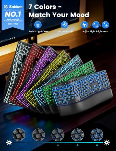 SABLUTE Wireless Keyboard and Mouse, Keyboard with Leather Wrist Rest