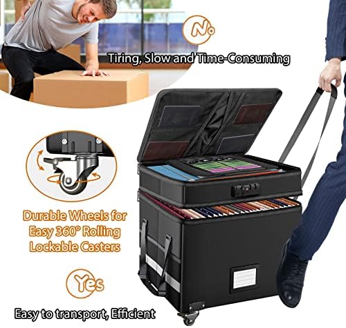 DocSafe Fireproof Document Box with Lock,2-Layer File Box with Wheels,Collapsible File Storage Organizer with Pockets,Large Portable Home Filing Cabinet for Hanging Folders,Black,16''x13.8''x12.2''