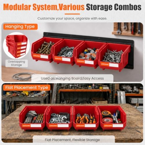 16pc Wall-Mounted Storage Organizer Set with Metal Rails Red
