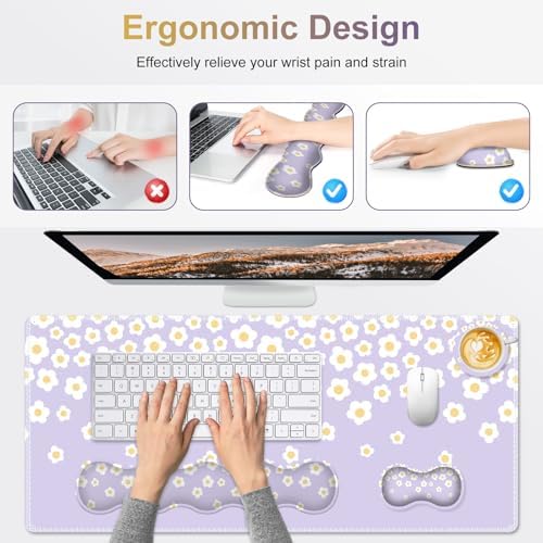 Desk Mat Gaming Mouse Pad, Cute Desk Matt Keyboard Wrist Rest for Desktop, Anti-Slip Mousepad w/Stitched Edges, XXL Large Mouse Pad with Wrist Support for Desk Computer I Lavender Happy Flowers