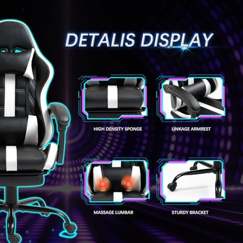 Gaming Chair with Ergonomic Footrest & Massage Lumbar Support, White