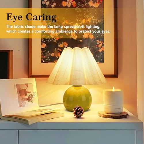 Green Small Touch Control Table Lamp for Bedroom, Green Bedside Lamps for Nightstand, Cute Mini Small Table Lamps for Small Spaces with Scalloped Shade for Kitchen Counter, Bookshelf, Living Room