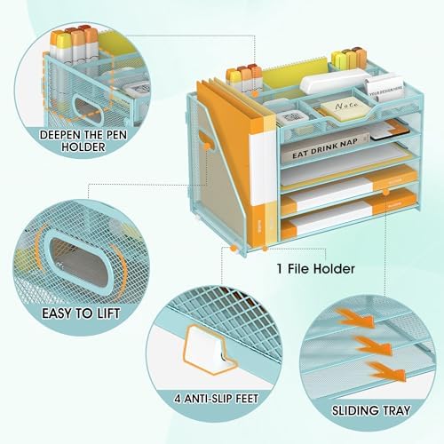5 Tier Paper Letter Tray Desk Organizer with Pen Holders - Blue