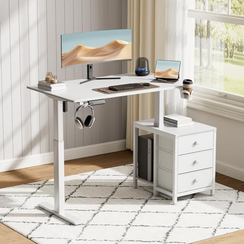 REAHOME 47 Inch White Electric Height Adjustable Standing Desk with Drawers