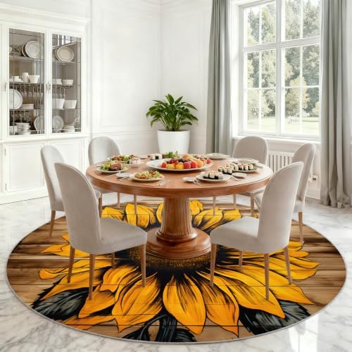 Sunflower Round Rug - 3ft Washable Sunflower Round Area Rug for Bathroom, Western Country Circle Rugs Soft Non-Slip Carpet for Kitchen Bedroom Kids Room Decor Mat