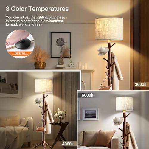 Floor Lamp with Coat Rack, 2-in-1 Entryway Standing Lamp with 7 Hooks, 3 Color Dimmable 78.8" Tall Lamps for Living Room Corner, Bedroom, Small Apartments & Foyers