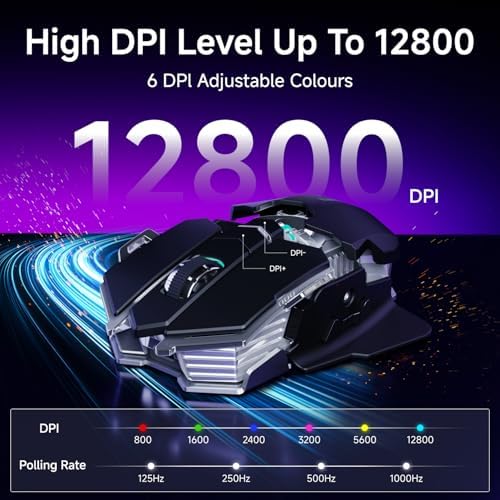 EWEADN G5 Tri-Mode Wireless Gaming Mouse, 12800 DPI Programmable Ergonomic Mouse with Metal Base for Stability, 500mAh Rechargeable, 8 Macro Buttons, Rapid Fire Key, RGB Backlit for FPS PC Mac - Black
