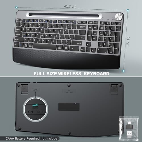 JOYACCESS Ergonomic Wireless Keyboard with Wrist Rest, Low-Profile,Phone Holder,2.4GHz Full Size Silent Cordless USB Computer Keyboard for Windows, Mac OS Desktop/Laptop/PC-Black Grey