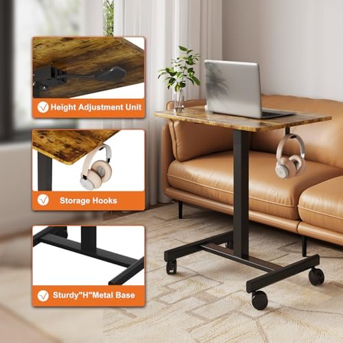 Mobile Desk on Wheels, Pneumatic Height Adjustable, Brown+Black