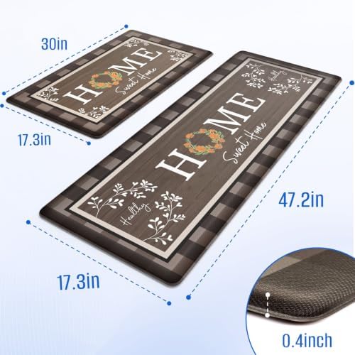 Kitchen Mats 2PCS, Anti Fatigue Rugs, 17.3x30+17.3x47.2in,Brown