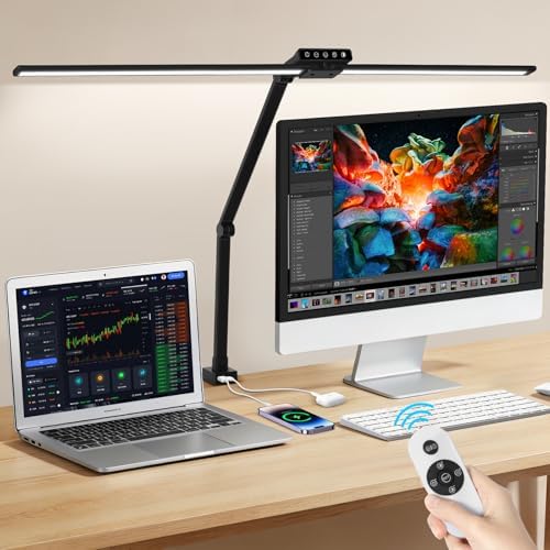 OUTON 29.5" LED Desk Lamp with Clamp for Home Office, 24W Eye-Caring Architect Desk Lamp for Dual Monitors, USB-C & USB-A Ports, Remote & Touch Control, 5 Color Temperatures, Stepless Dimming