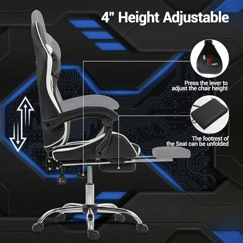 Ergonomic Gaming Chair with Massage Lumber， White Video Game Chair w/Footrest for Adults Kids, Adjustable Headrest & Lumbar Support, 360° Swivel for Home Office Bedroom Gaming Room