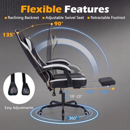 GIANTEX Gaming Chair, Height Adjustable Computer Desk Chair with Headrest, Lumbar Support, Linkage Armrests, Reclining Backrest & Footrest, Ergonomic Office Chair, Video Game Chair (Black)