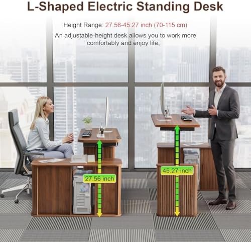 47" L Shaped Electric Wood Standing Desk with Storage