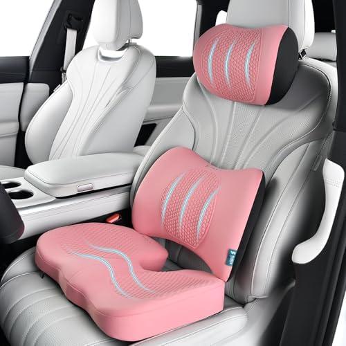 FLORICH 3 PCS Seat Cushion for Carseat Lumbar Support Pillow Car Neck Headrest Pillows 100% Memory Foam Seat Pads Pressure Relief Back Cushion for Office Chair(Pink)