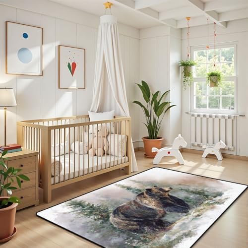 Peaceful Bear by Pine Trees Sunlit Moss Warm Tones Area Rug Outdoor Patio Rug Play Mat Modern Floor Carpet Non-Slip Home Decor Living Room Kids Bedroom Nursery, 3x5 ft