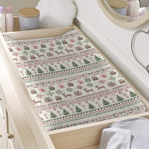 Cute Christmas Theme Reindeer Trees Snowflakes Winter Holiday Pattern Baby Changing Pad Cover, Unisex Christmas Nursery Diaper Changing Table Pad Mat Sheet for Boys Girls-16x32