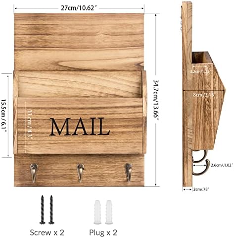 DLQuarts Mail Organizer with Key Holder for Wall Decorative Mail Sorter Wall Mounted, Wooden Mail Holder with 3 Hooks, Carbonized Brown