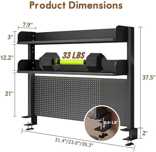 Clamp On Desk Pegboard Shelf - Metal Desktop Organizer Hutch with 2 Shelves