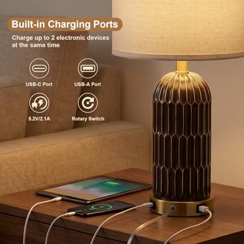 OYEARS 22.5" Bedside Table Lamps Set of 2, Farmhouse Table Lamp with USB A+C Charging Ports, Vintage Nightstand Lamp for Bedrooms and Living Rooms, Mid Century Modern End Table Lamp, Brown and Gold