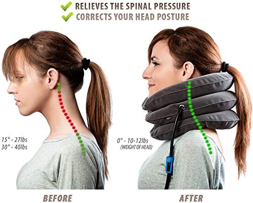Pinched Nerve Neck Stretcher Cervical Traction Device for Home Pain Treatment | Inflatable Spinal Decompression Collar Unit Muscle Strain Injury Relief | Herniated Disc Problems Remedy Kit (Gray)