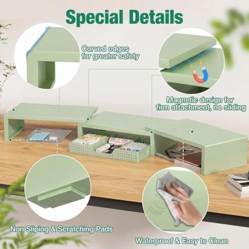 OPNICE Dual Computer Monitor Stand Riser, Desk Organizer with Drawer, Office Desk Accessories & Workspace Organizers for Home Office Supplies, Green